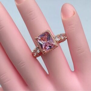 Pink Diamond CZ Princess Cut Halo Ring Rose Gold Bridal Half Eternity Band Glam